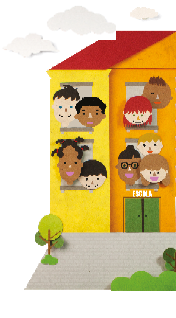 Imagem: Ilustração. Um prédio de uma escola com paredes amarelas e laranjas e dois andares. Há quatro janelas, duas em cada andar. Primeiro andar: uma janela com uma menina de cabelo preso e um menino de cabelo preto liso e uma janela com um menino de óculos e cabelo preto, um menino loiro e uma menina de cabelo castanho com franja. Segundo andar: uma janela com um menino de cabelo castanho liso e um de cabelo preto enrolado, e uma com uma menina ruiva com franja e um menino de cabelo castanho.  Fim da imagem.