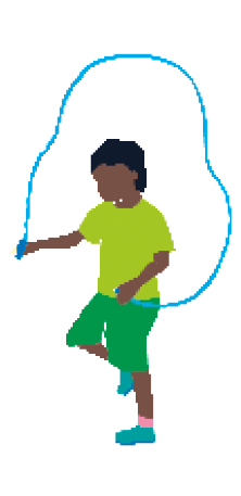 Imagem: Ilustração. Um menino moreno de bermuda verde e camiseta verde clara pulando corda.   Fim da imagem.