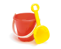 Imagem: Fotografia. Um balde de plástico vermelho e uma pá amarela.   Fim da imagem.