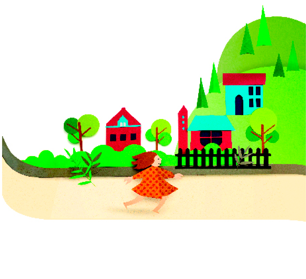 Imagem: Ilustração. Uma menina de cabelo castanho liso usando um vestido laranja de bolinhas vermelhas. Ela está na frente de uma área com arbustos, casas vermelhas e azuis e uma montanha com árvores.   Fim da imagem.