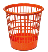 Imagem: Fotografia. Um balde de lixo de plástico laranja visto de forma inclinada, de cima e pela frente.   Fim da imagem.