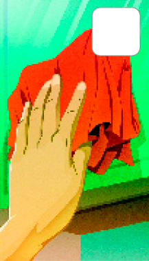 Imagem: Ilustração. Detalhe para uma pessoa passando um pano laranja em um vidro.  Fim da imagem.
