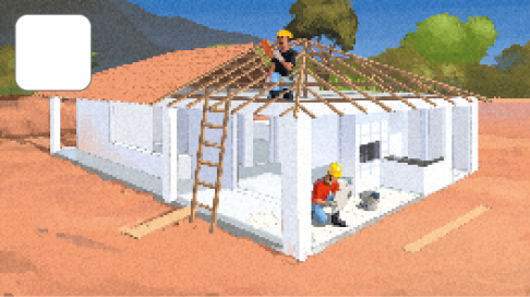 Imagem: Ilustração. Dois homens trabalhando em uma casa em construção. Um deles está em cima de uma escada colocando telhas na estrutura de um telhado e o outro está colocando piso.  Fim da imagem.