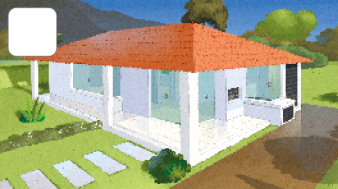 Imagem: Ilustração. Uma casa pronta, com paredes brancas, portas e janelas de vidro e um jardim na frente.  Fim da imagem.