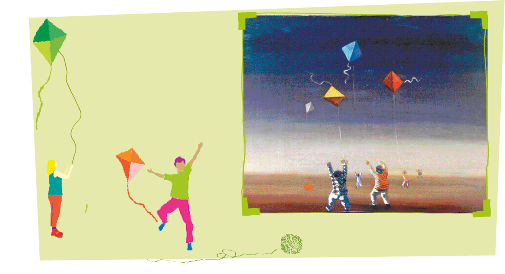 Imagem: Ilustração. Uma menina loira de calça laranja e camiseta regata azul empinando uma pipa verde. Ao lado dela, um menino de calça rosas e camiseta verde com uma pipa laranja. Ilustração. Um campo com crianças de braços erguidos empinando pipas.  Fim da imagem.