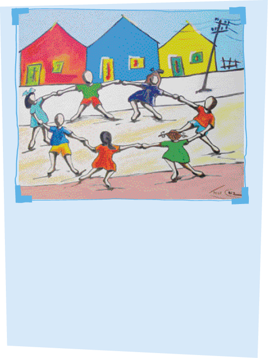 Imagem: Ilustração. Sete crianças de mãos dadas formando uma roda. Atrás delas há três casas, uma vermelha, uma azul e uma amarela.  Fim da imagem.