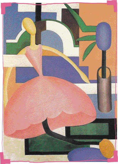 Imagem: Ilustração. Uma pintura de uma menina de vestido rosa longo apoiada em peças geométricas. Ao lado dela tem um vaso de planta.  Fim da imagem.