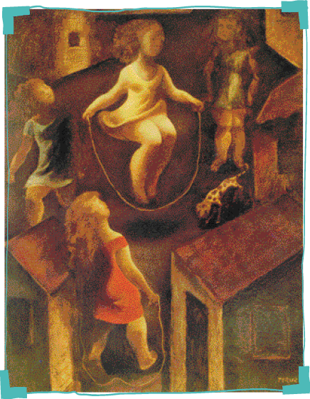 Imagem: Ilustração. Pintura de uma menina loira de vestido amarelo pulando corda. Ao redor dela há três outras crianças olhando e um cachorro.   Fim da imagem.