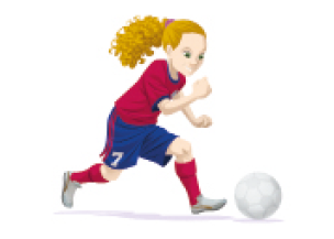 Imagem: uma menina de cabelo loiro preso em um rabo jogando bola;  Fim da imagem.