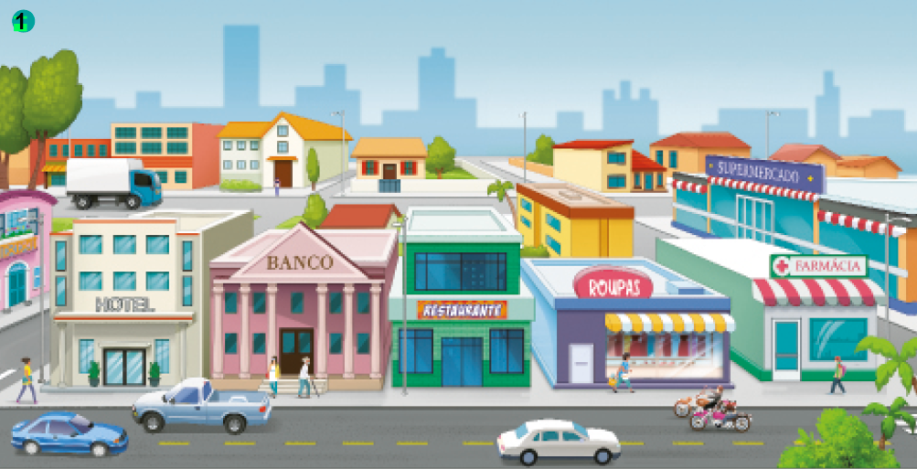 Imagem: Ilustração.  1: Um quarteirão com carros e motos andando na rua, algumas pessoas andando na calçada e uma fileira de prédios, da esquerda para a direita: hotel, banco, restaurante, roupas e farmácia.  Fim da imagem.