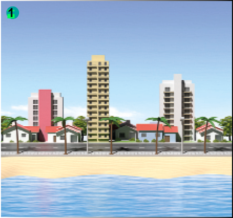 Imagem: Ilustração. 1: uma cidade ao lado da praia durante o dia, com casas e prédios.  Fim da imagem.