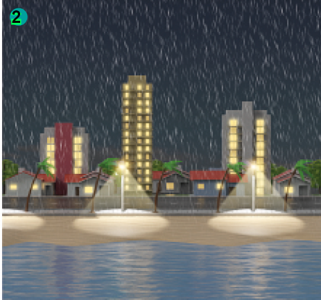 Imagem: 2: a mesma cidade, mas durante a noite, com iluminação na praia e a luz dos prédios e casas acesas, e chovendo.  Fim da imagem.