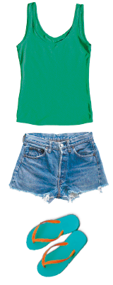 Imagem: conjunto 3, com uma regata verde, bermuda jeans e chinelo.  Fim da imagem.