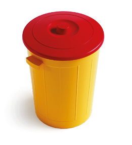 Imagem: Ilustração. Vista inclinada de um balde de lixo amarelo com tampa vermelha.  Fim da imagem.