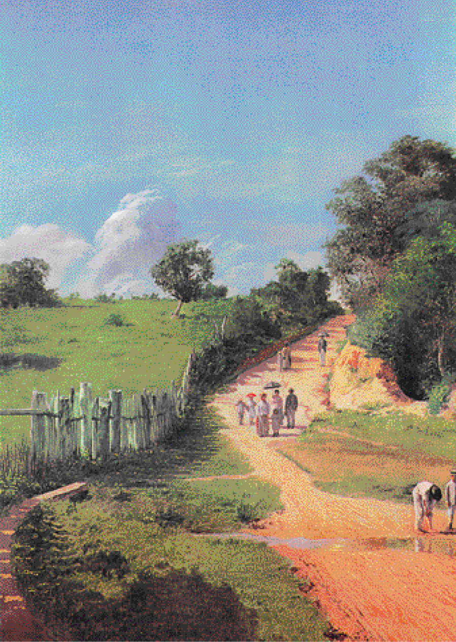 Imagem: Ilustração. Uma pintura de um grupo de mulheres de vestido longo e guarda-chuva, homens de terno e crianças, caminhando em uma trilha de terra ao lado de campos gramados com árvores. Do lado esquerdo tem uma cerca de madeira. Fim da imagem.