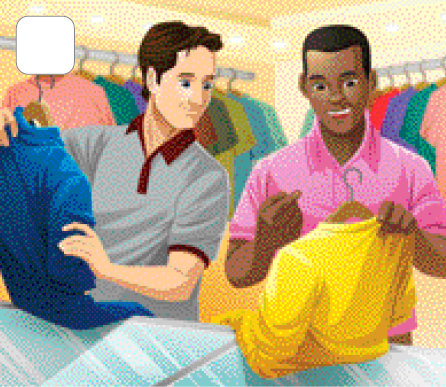 Imagem: Ilustração. Dois homens em uma loja de roupa. Um tem o cabelo preto, usa uma camisa cinza e segura um cabide com uma camiseta azul. O outro é negro com uma camiseta rosa e segura um cabide com uma camiseta amarela. Fim da imagem.