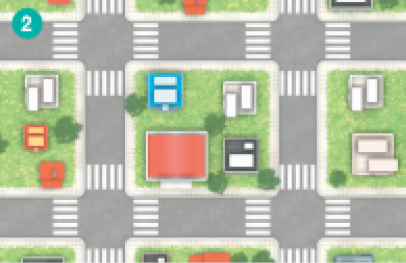 Imagem: Ilustração. Imagem em planta de um bairro com casas, prédios e uma escola na quadra do meio. Fim da imagem.