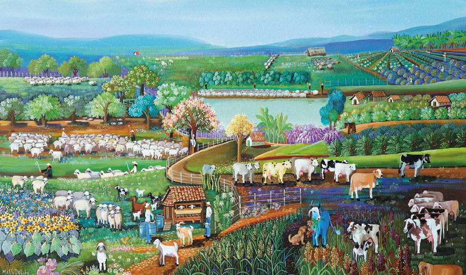 Imagem: Ilustração. Uma pintura mostrando áreas de plantações e criação de gado. No meio, um lago com algumas árvores ao redor.  Fim da imagem.
