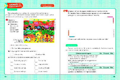 Imagem: Ilustração. Exemplifica como será a seção Retomando conhecimentos. Página dupla composta por textos e imagens. Fim da imagem.