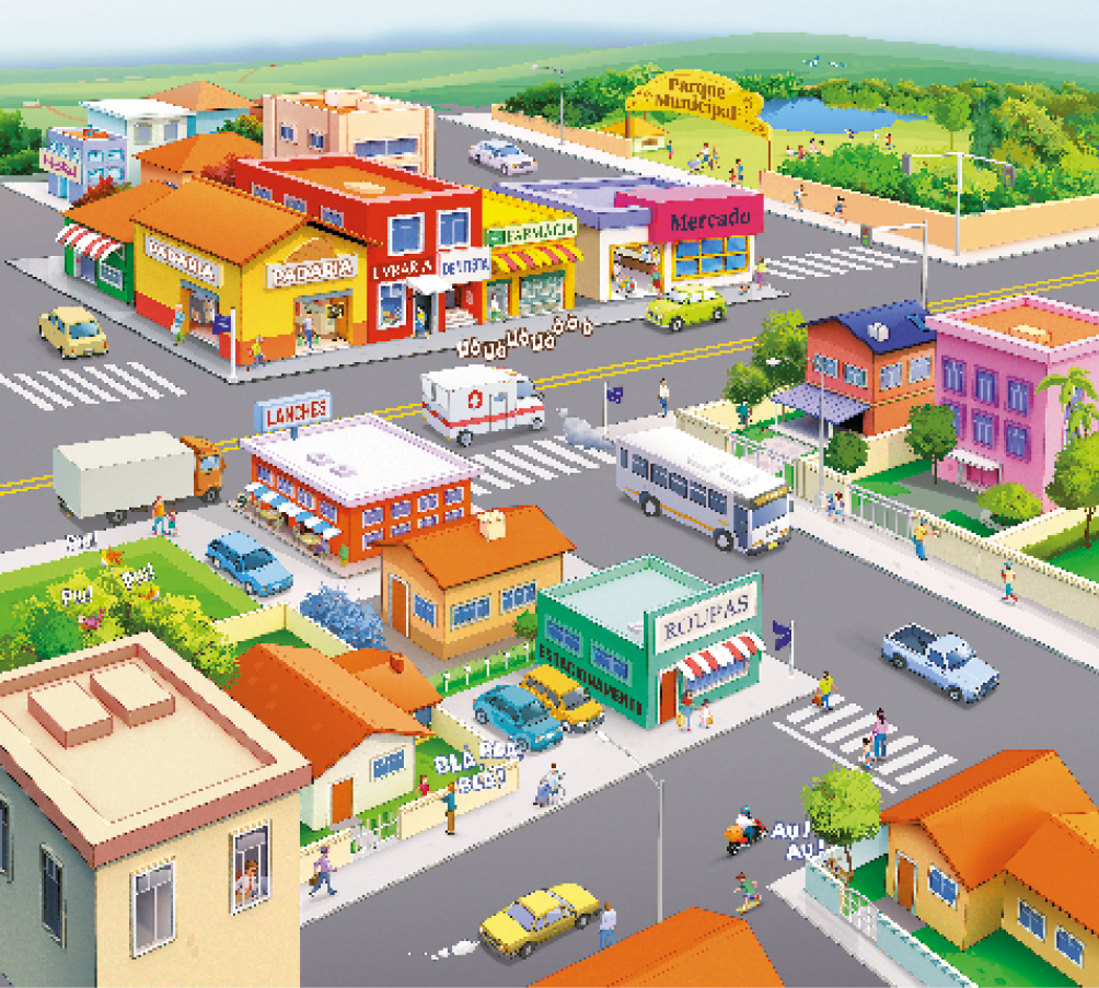 Imagem: Ilustração. Bairro com carros e ônibus nas ruas, pessoas nas calçadas e faixa de pedestres e quadras com padaria, livraria, dentista, farmácia, mercado, parque municipal, casas prédios, lanchonete e lojas de roupas. Há algumas onomatopeias de sons ao lado de alguns objetos. Uó uó uó na ambulância, blá blá blá das pessoas conversando, a uau do cachorro.  Fim da imagem.