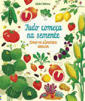 Imagem: Ilustração. Capa de livro. No centro, o título: tudo começa na semente. Ao redor, frutas e vegetais: morango, ervilhas, espiga de milhos, limão, tomate.  Fim da imagem.