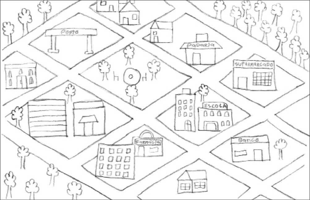 Imagem: Ilustração. Um desenho feito com lápis de um bairro com ruas na diagonal. Nas quadras tem casas, prédios, posto de gasolina, padaria, supermercado, escola, banco e farmácia. Fim da imagem.