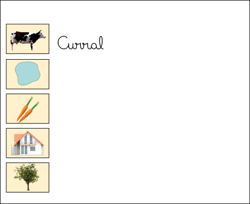 Imagem: Ilustração. Um quadrado verde com quadrados menores dentro, cada um com um desenho. Um lago, uma vaca, uma casa, cenouras e uma árvore. Ao lado, legenda: curral, lago, plantação de cenoura, casa, plantação de laranja.  Fim da imagem.