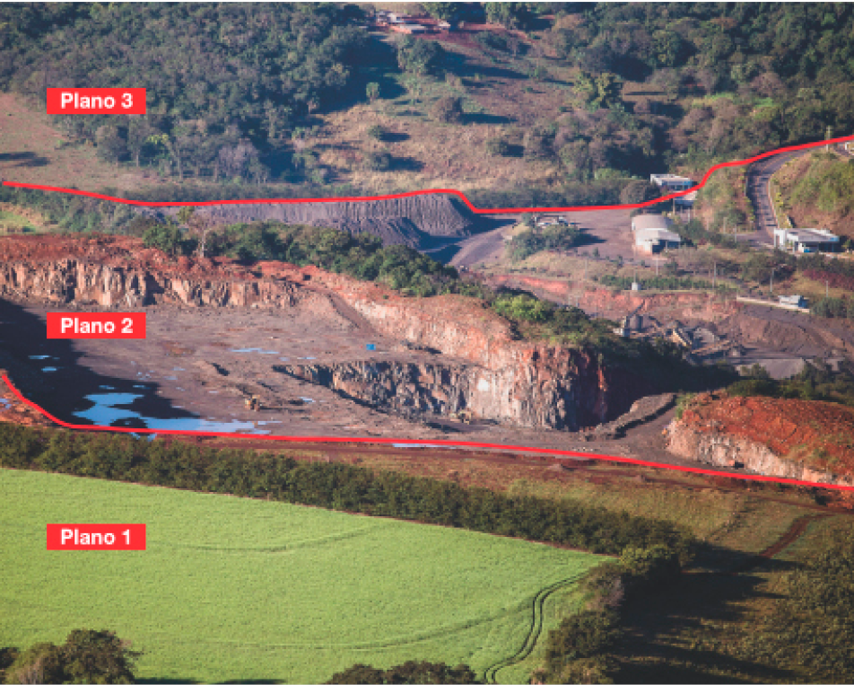 Imagem: Fotografia. Um campo gramado. Atrás dele, uma área sem vegetação, coberta com áreas de barro. No fundo, morro com árvores. A fotografia está dividida em três partes. Plano 1: a área gramada. Plano 2: a área coberta por barro. Plano 3: a parte dos morros com árvores.  Fim da imagem.