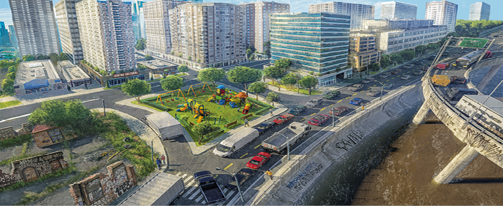 Imagem: Ilustração. Vista aérea de um bairro. No canto inferior direito tem algumas construções abandonadas com pichações, ao lado de uma rua com um caminhão. Do outro lado da rua, uma praça com um parquinho. E uma avenida com muito trânsito. Ao lado da avenida há um rio com uma ponte por cima, cheia de carros e caminhões. No fundo há vários prédios e um centro cultural. Fim da imagem.