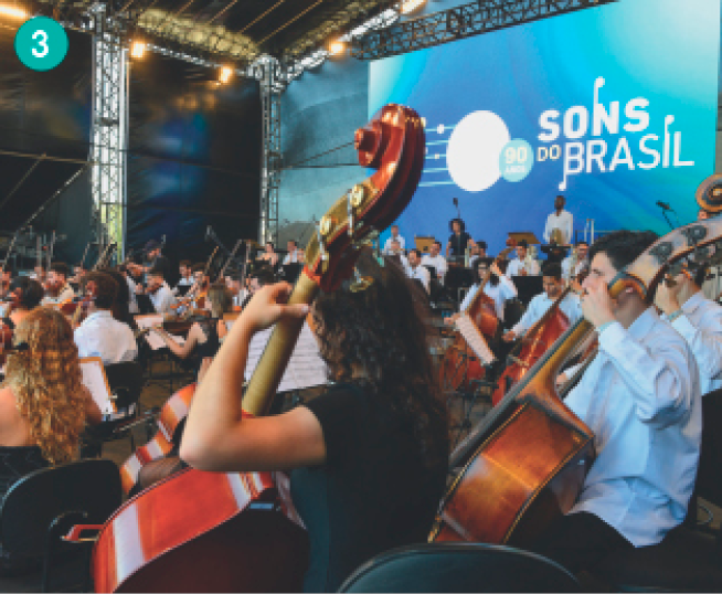 Imagem: Fotografia. Uma orquestra com as pessoas sentadas em cadeiras enfileiradas, No fundo há uma lona azul com o texto: sons do Brasil.  Fim da imagem.