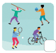 Imagem: Ilustração. Quatro pessoas praticando esportes: um menino segura uma vara, um menino segura uma bola, uma menina segura uma raquete e um menino está em uma bicicleta.  Fim da imagem.