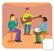 Imagem: Ilustração. Três homens tocando instrumentos em uma roda. Um está sentado com um tambor, um está de pé segurando um violão e o outro está sentado com um microfone.  Fim da imagem.