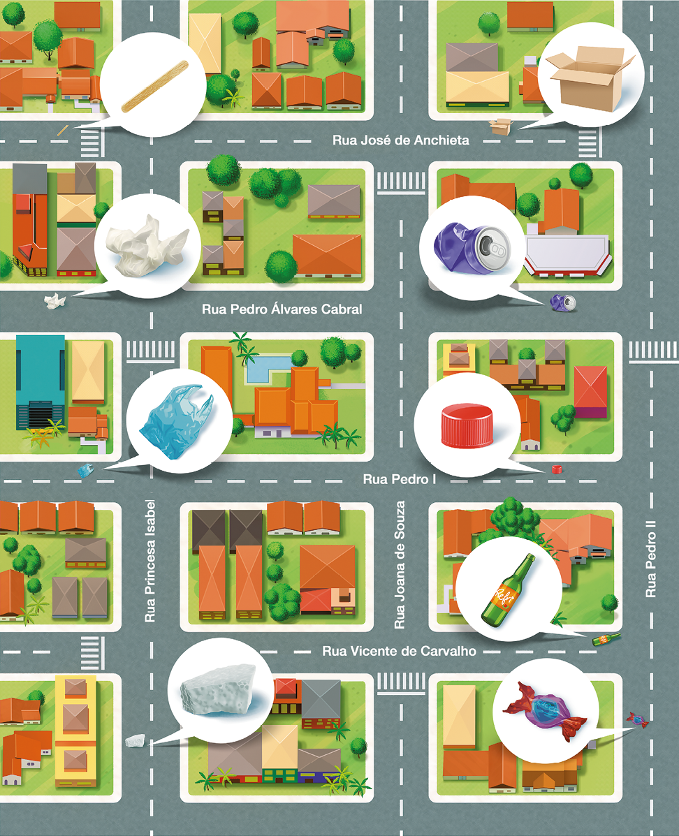 Imagem: Ilustração. Planta baixa de um bairro. Na horizontal, as ruas: Rua Jose Anchieta, Rua Pedro Álvares Cabral. Rua Pedro I. Rua Vicente de Carvalho. Na vertical, as ruas: Rua Princesa Isabel, Rua Joana de Souza, Rua Pedro II. Nas quadras há casas e prédios. Em algumas ruas há lixos sendo indicados por linhas de chamada. Na rua José de Anchieta: um palito de sorvete e uma caixa de papelão. Na rua Pedro Álvares Cabral: um papel amassado e uma lata. Na rua Pedro I: uma sacola plástica e uma tampinha vermelha. Na rua Vicente de Carvalho: uma garrafa de vidro. Na rua Princesa Isabel: um pedaço de isopor. Na rua Pedro II: um papel de bala.  Fim da imagem.