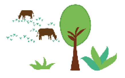 Imagem: Ilustração. Uma árvore ao lado de arbustos. Atrás, duas vacas abaixadas comendo grama.  Fim da imagem.