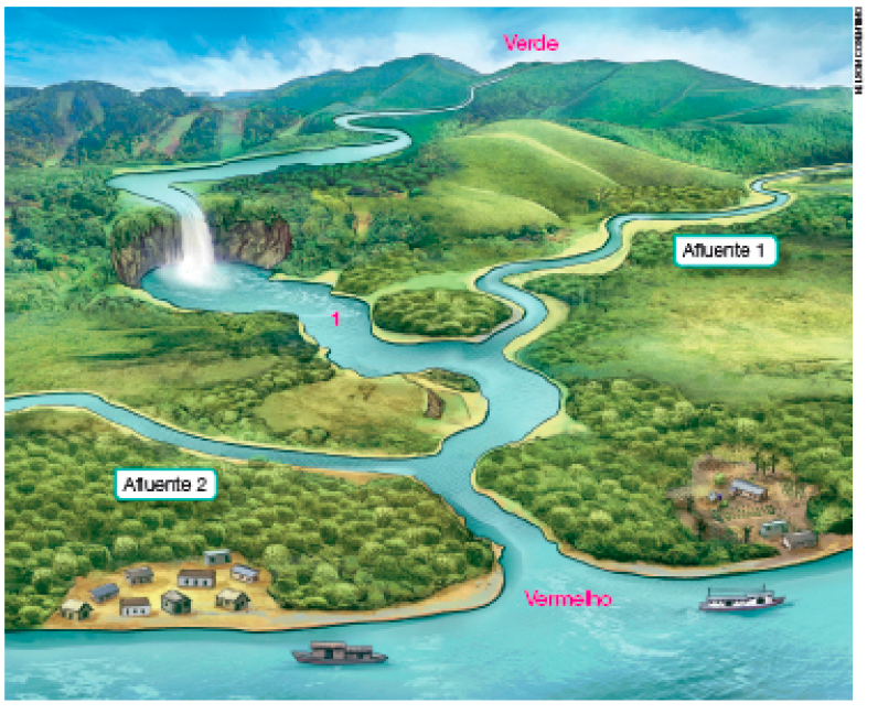 Imagem: Ilustração. Paisagem com montanhas ao fundo, com a nascente de um rio indicada como verde; seguida por três rios, cada um vindo de uma direção, o rio ao centro é mais largo e está sinalizado com o número 1. Eles se unem e chegam até o mar, que está indicado como vermelho.  Fim da imagem.