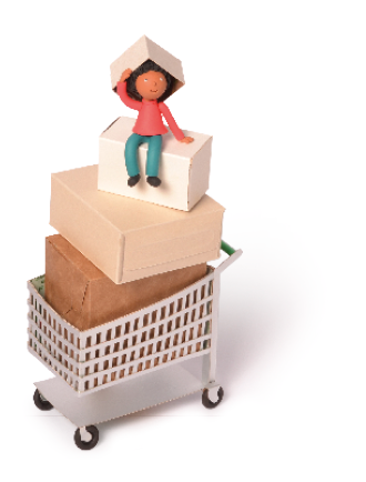 Imagem: Ilustração. Uma menina de cabelo preto usando calça jeans e camiseta vermelha de manga longa. Ela está sentada em cima de uma pilha de caixas de papelão que estão dentro de um carrinho de mercado. A menina segura mais uma caixa em cima da cabeça.  Fim da imagem.
