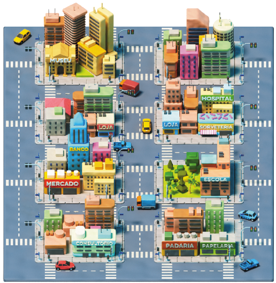 Imagem: Ilustração. Um bairro com cinco ruas na vertical e três na horizontal. Nas ruas tem carros e caminhões. Há quatro fileiras de quadras. Na primeira fileira: um museu e prédios. Na segunda fileira: casas, prédios, loja, hospital, outra loja e sorveteria. Na terceira fileira: mercado, banco, prédios, uma praça e uma escola. Na quarta fileira: prédios, consultório, padaria e papelaria.  Fim da imagem.