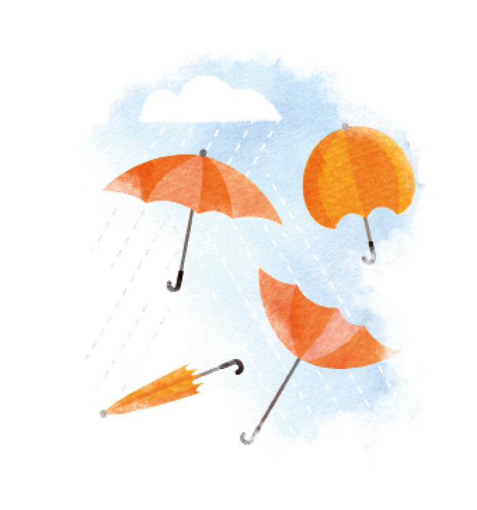 Imagem: Ilustração. Quatro guarda-chuvas laranja voando na chuva. Dois deles estão abertos e dois fechados.  Fim da imagem.