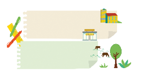 Imagem: Ilustração. Uma régua amarela e duas canetas, uma verde e uma vermelha. Ao lado, uma casa e um prédio. Fachada de uma loja com um toldo listrado na frente. Uma árvore ao lado de arbustos. Atrás, duas vacas abaixadas comendo grama.   Fim da imagem.