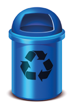 Imagem: Ilustração. Quatro latas de lixo coloridas com o desenho de um triângulo feito com setas na frente e o nome. Vermelha: plástico. Azul: papel. Verde: vidro. Amarela: metal.  Fim da imagem.
