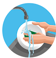 Imagem: Ilustração. Destaque para as mãos de uma pessoa lavando um prato.  Fim da imagem.