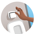 Imagem: Ilustração. Destaque para uma pessoa apertando a descarga do vaso sanitário. Fim da imagem.