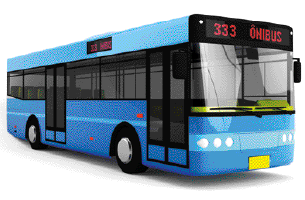 Imagem: Fotografia. Um ônibus de linha azul.   Fim da imagem.