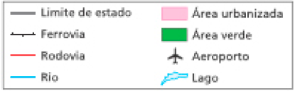 Imagem: Mapa. Distrito Federal. A área do Distrito Federal está em rosa claro, ao redor: Goiás e Minas Gerais no canto inferior direito. Há algumas áreas destacadas em rosa mais escuro, representan-do área urbanizada: Planaltina, Sobradinho, Paranoá, Plano piloto, Guará, Cruzeiro, Taguatinga, Núcleo Bandeirante, Ceilândia, Samambaia, Recanto das Emas, Gama e Brazlândia. Em verde estão destacados: Parque nacional de Brasília e Jardim Botânico de Brasília. Há um aeroporto internacional ao norte do Jardim Botânico. Linhas vermelhas indicam as rodovias, por toda a área com maior concentração nas áreas urbanizadas, linhas pretas as ferrovias e azuis os rios.  Fim da imagem.