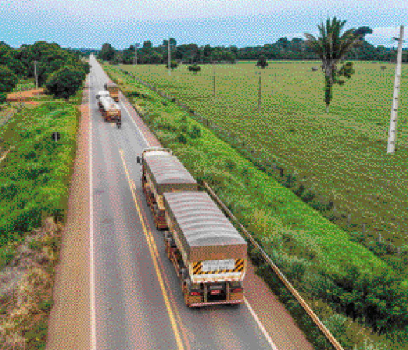 Imagem: Fotografia. Um caminhão com duas carretas em uma estrada. Nas margens, áreas gramadas. Fim da imagem.