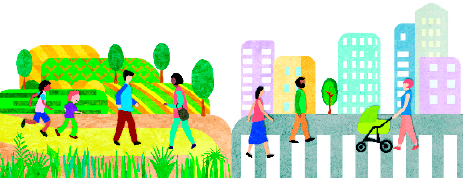 Imagem: Ilustração. Um parque com duas crianças e dois adultos: uma menina de camiseta rosa e azul e camelo preto com tranças, um menino ruivo de camiseta roxa, um homem de cabelo preto e camiseta azul e uma mulher de cabelo preto e camiseta vermelha.  Ilustração. Pessoas caminhando em uma faixa de pedestres com prédios no fundo: uma mulher de cabelo preto, saia e regata vermelha, um homem de cabelo preto com camiseta verde e uma mulher ruiva de regata azul empurrando um carrinho de bebe.   Fim da imagem.