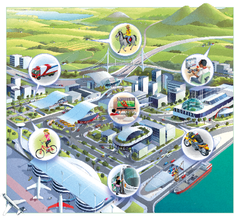 Imagem: Ilustração. Um bairro construído nas margens de um rio. Dele sai uma estrada para o fundo, onde há cadeiras de montanhas. Na margem do rio tem um porto com um navio atracado. Ao lado, um aeroporto. No restante da cidade tem um mercado, uma rodoviária, um estádio, um shopping, casas e prédios. Há alguns balões de fala com ilustrações: um homem de camiseta amarela e chapéu andando de cavalo, próximo a uma plantação. Um homem moreno no computador, em uma casa na parte do fundo da cidade. Um homem sentado no sofá assistindo televisão em um dos prédios. Um caminhão branco e vermelho na rua atrás do estacionamento. Uma menina loira de capacete andando de bicicleta em uma praça. Uma mulher entrando em um ônibus, na rua ao lado do porto. Um homem de jaqueta e capacete andando de moto na rua na frente do shop-ping.  Fim da imagem.