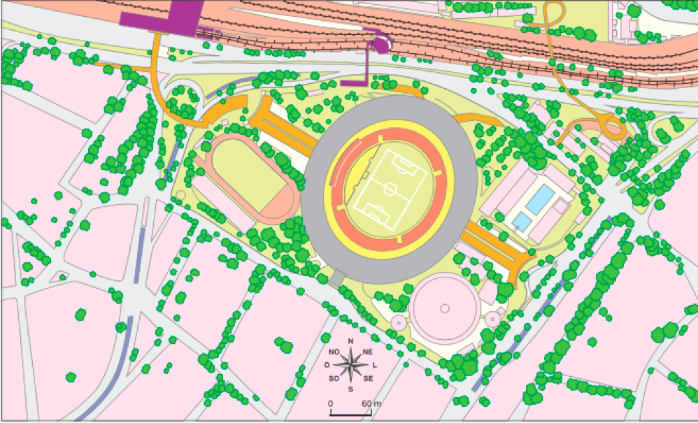 Imagem: Mapa. Planta de uma cidade com legenda na parte inferior indicando as construções. No centro, um estádio de futebol. Ao redor há entradas que são rampas ou passarelas e várias árvores es-palhadas. Para a direita do estádio tem uma piscina. Ao redor de todas essas construções há ruas ou avenidas contornando quadras de casas e prédios. Na parte superior do mapa há ferrovias e linhas de metro. Fim da imagem.