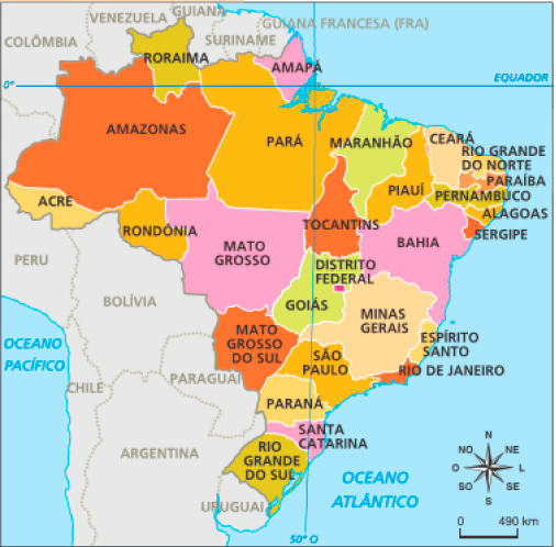 Imagem: Mapa. Brasil: divisão política. Mapa do Brasil dividido em estados. Acre. Amazonas. Roraima. Rondônia. Mato Grosso. Pará. Amapá. Maranhão. Piauí. Tocantins. Ceará. Rio Grande do Norte. Paraíba. Pernambuco. Alagoas. Sergipe. Bahia. Distrito Federal. Minas Gerais. Mato Grosso do Sul. Espírito Santo. Rio de Janeiro. São Paulo. Paraná. Santa Catarina. Rio Grande do Sul.  Fim da imagem.