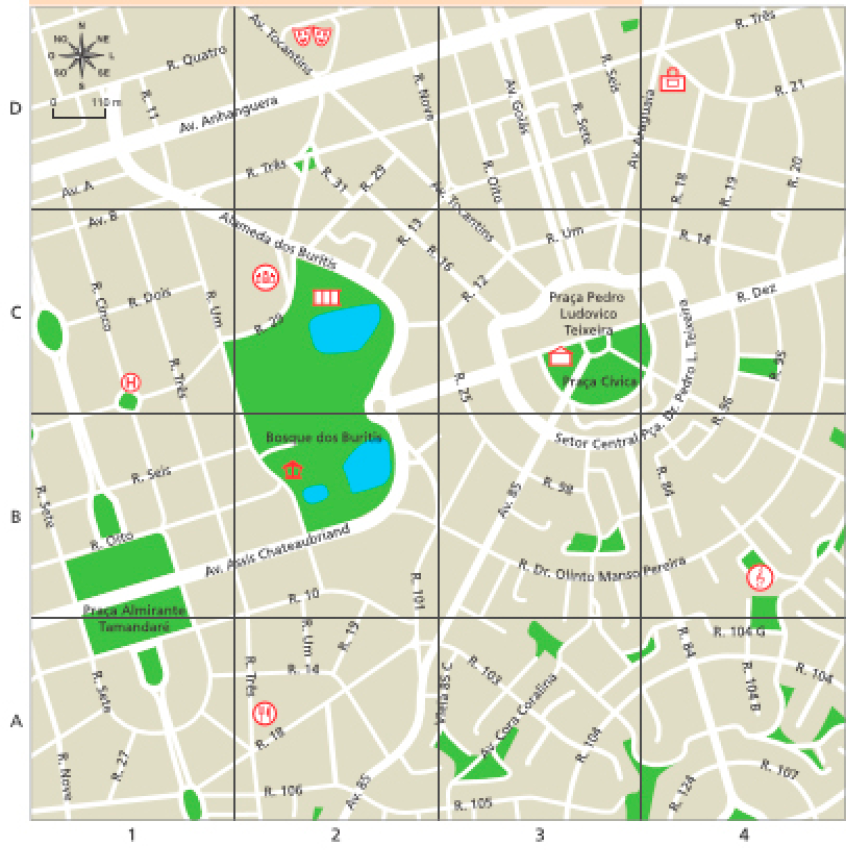 Imagem: Mapa. Planta cartográfica de parte do município de Goiânia. Mapa com ruas e praças. As praças: Praça Almirante Tamandaré, Bosque Buritis e Praça Cívica. Abaixo, uma legenda com alguns lo-cais. Prefeitura: na rua Dez, dentro da Praça Cívica. Museu de Artes de Goiânia: na Rua Um, den-tro do Bosque dos Buritis. Teatro: na Avenida Tocantins. Shopping Center: na Avenida Araguaia. Hospital: na Rua Cinco. Igreja: na Alameda dos Buritis. Restaurante: na Rua Três. Centro Cultural: na Rua Doutor Olinto Manso Pereira. Assembleia Legislativa: na Alameda dos Buritis, dentro do Bosque dos Buritis.  Fim da imagem.